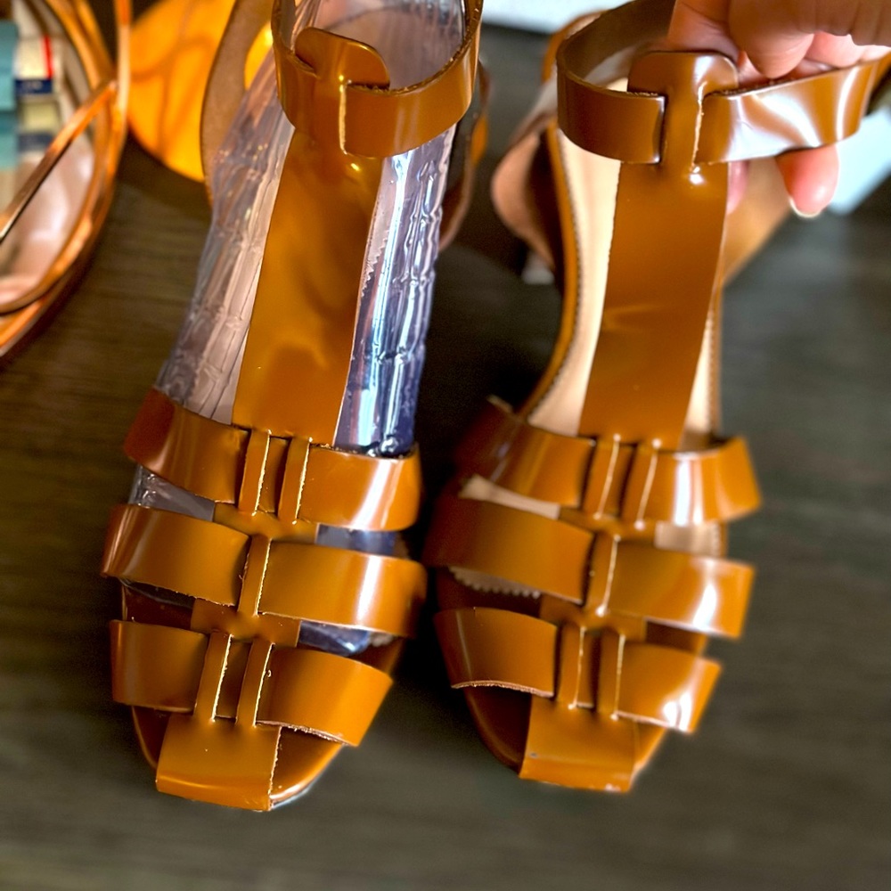 Used J. Crew Fisherman Pumps Leather Brown Strappy Block Heel Tan Sandal